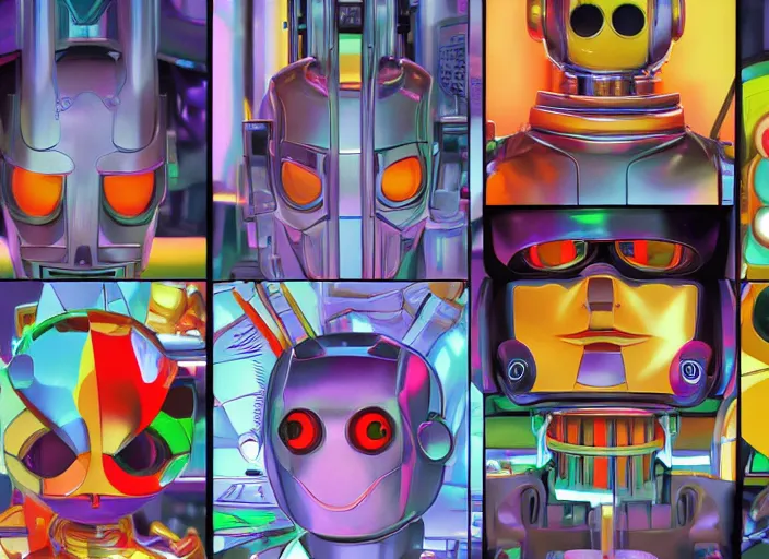 Prompt: 3 rows of 3 framed closeup colorful 3 d - rendered cg face portraits of cute evil robots in the style of osamu tezuka, with a futuristic mechanical background.