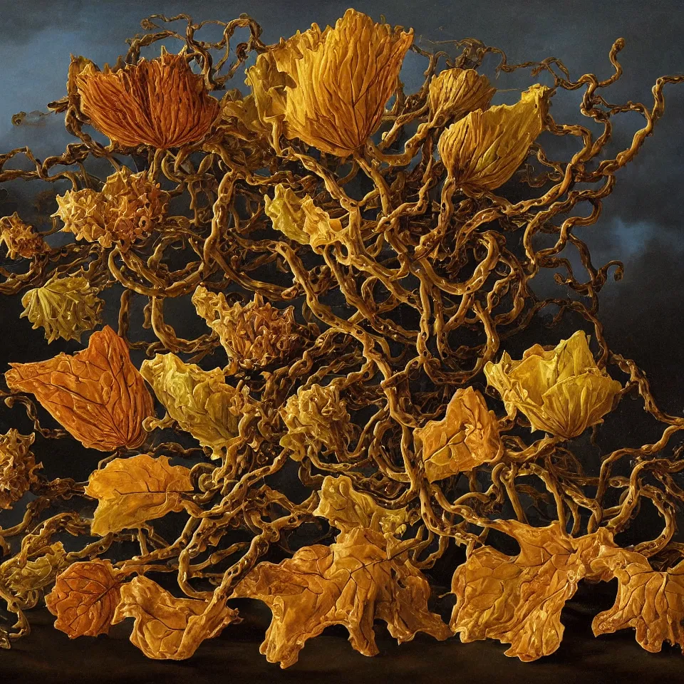 Image similar to dutch golden age bizarre withered lotus leaves portrait still life with detailed vines disturbing fractal forms sprouting up everywhere by rachel ruysch sky blue background chiaroscuro dramatic lighting perfect composition high definition 8 k oil painting with black background by christian rex van dali todd schorr of a chiaroscuro portrait recursive masterpiece