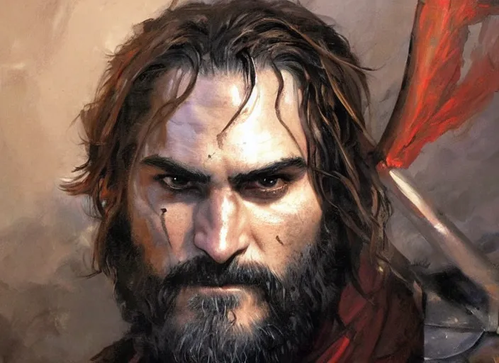 Image similar to a highly detailed beautiful portrait of joaquin phoenix as kratos, by gregory manchess, james gurney, james jean