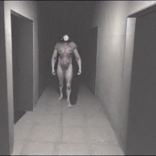 Image similar to hi - 8 night vision camera footage of a barely visible minotaur with red eyes in a dark hallway