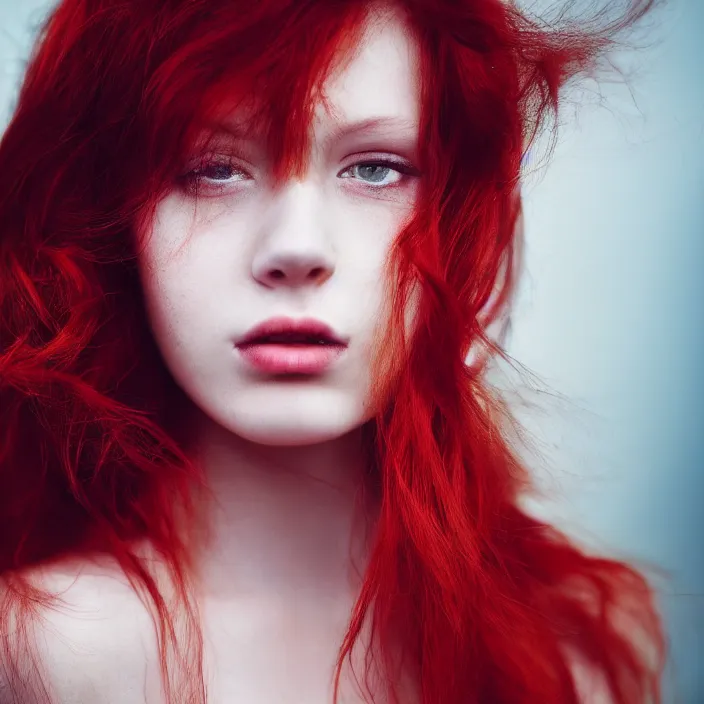 Image similar to Close-up portrait photo of a beautiful girl with red hair , dramatic light, dark background, high quality