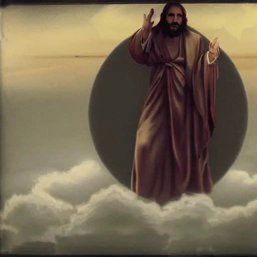 Prompt: a foreboding jesus in the sky looking down upon the walrus people