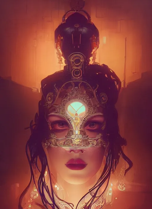 Prompt: a beautiful woman wearing a venetian mask, intricate concept art, elegant, highly detailed, digital painting, artstation, smooth, sharp focus, cyberpunk darksynth, cinematic, opalescent mist, dramatic lighting, illuminated glowing lines, outrun, neon vaporware, by ruan jia and ilya kuvshinov and alphonse mucha