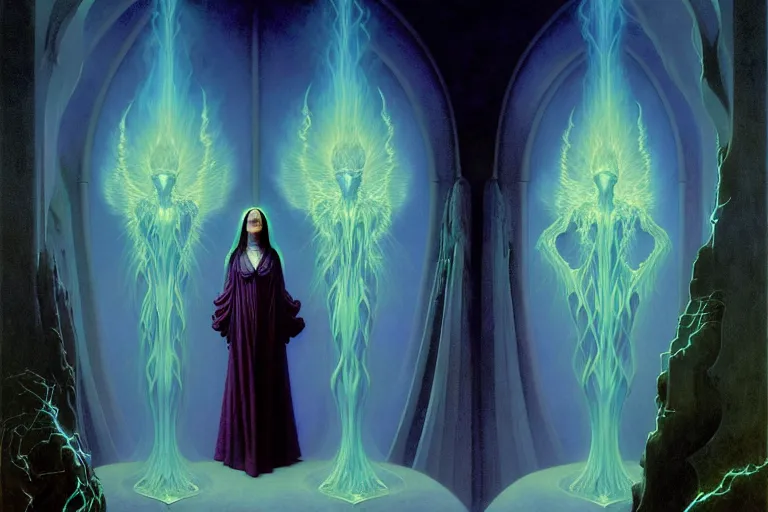 Image similar to the female arcanist and the male artificer by zacharias aagaard and albert bierstadt and gerald brom and zdzisław beksinski and james gilleard and wayne barlowe and jean delville, beautiful, robes, highly detailed, hyperrealistic, intricate, energy, electricity, blue flame, low light, green crystal, high contrast