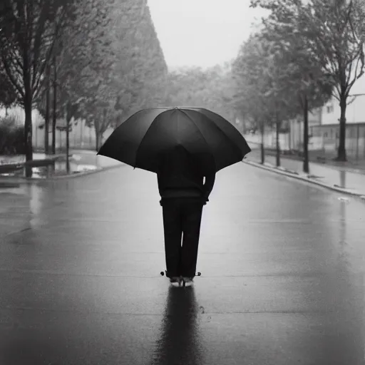 Prompt: young man holding an umbrella, 14mm photo