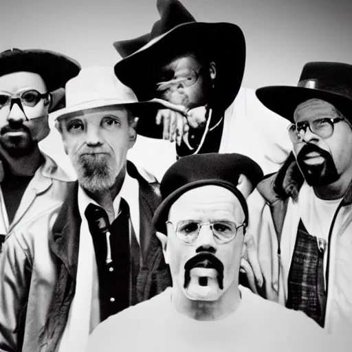 Image similar to heisenberg posing with the wu - tang clan, realistic