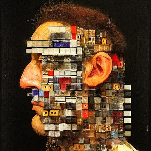 Prompt: portrait photo of a man with Iroquois made from video card parts, Perfect face, extremely high details, realistic, by Giuseppe Arcimboldo, Edward Hopper, Rene Margitte