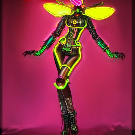 Image similar to cyberpunk queen bee with neon color body, highly detailed, steampunk