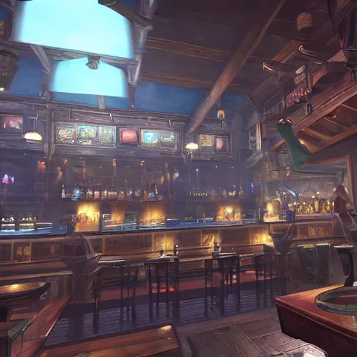 Image similar to Inside a bar in Gridania, FFXIV, high quality, warm lighting, matte painting