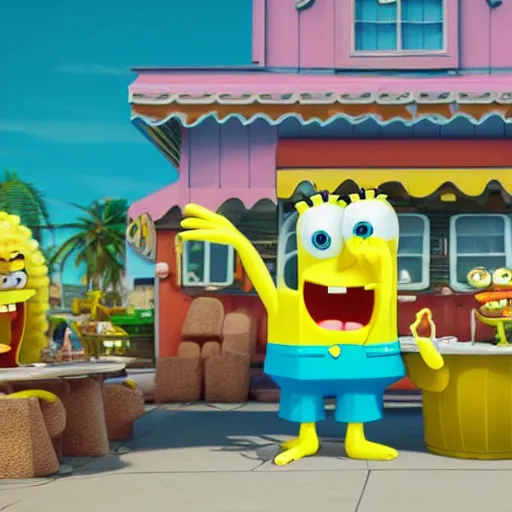 Image similar to hyperrealistic spongebob squarepants eating at the krusty krab, inspired by stephen hillenburg, perfect symmetry, dim volumetric cinematic lighting, 8 k octane comprehensive render, extremely hyper - detailed attributes & atmosphere, intricately proportional, masterpiece, artstation, stunning,