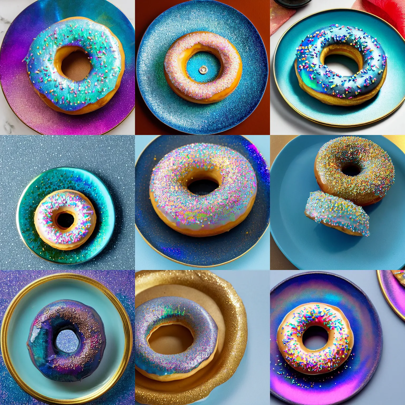 Prompt: Donut with iridescent glaze, gold and diamond sprinkles on a blue iridescent plate, 8K
