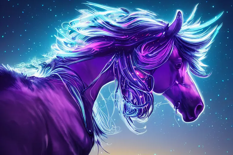 Image similar to a stunning horse with bioluminescent mane and tail running in the sky by sandra chevrier and greg rutkowski, neon hooves, purple blue color scheme, vaporware, retro, outrun, high key lighting, volumetric light, digital art, highly detailed, fine detail, intricate, ornate, complex, octane render, unreal engine, photorealistic