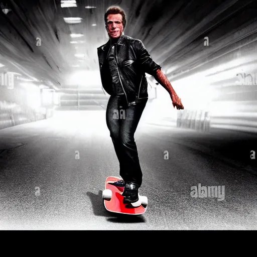 Image similar to A realistic photograph of Arnold Schwarzenegger as terminator riding a skateboard smoking cigar, gloomy, action, ambient lighting,