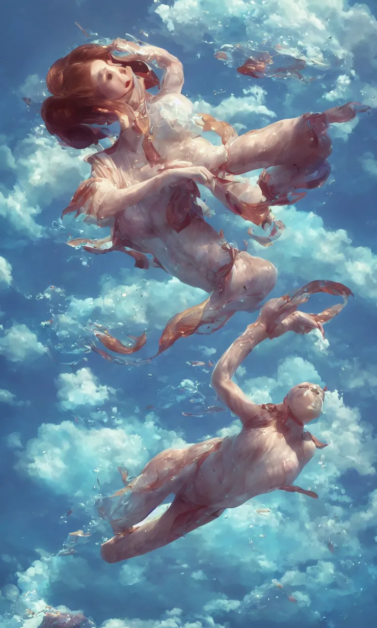 Prompt: a fish woman, diving in the air rounded by jelly clouds made by Stanley Artgerm Lau, WLOP, Rossdraws, ArtStation, CGSociety, concept art, cgsociety, octane render, trending on artstation, artstationHD, artstationHQ, unreal engine, 4k, 8k,