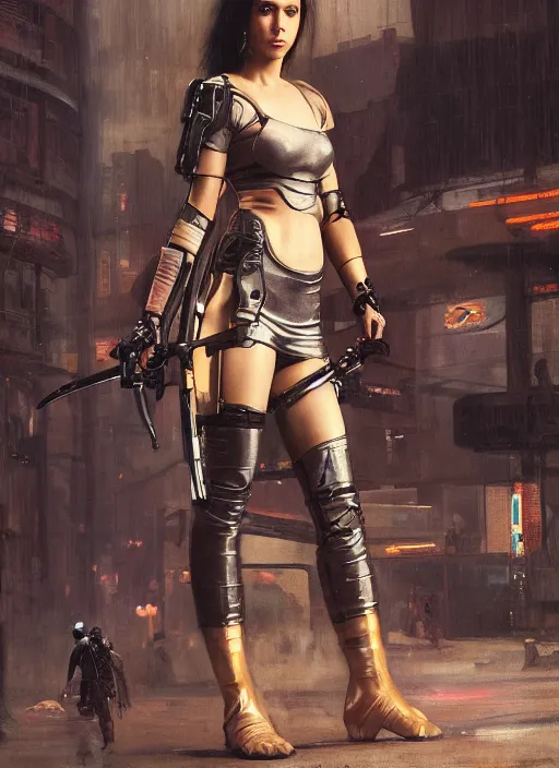 Image similar to Cyberpunk swordswoman in futuristic clothes (blade runner 2049, cyberpunk 2077). Orientalist portrait by john william waterhouse and James Gurney and Theodore Ralli and Nasreddine Dinet, oil on canvas. Cinematic, hyper realism, realistic proportions, dramatic lighting, high detail 4k