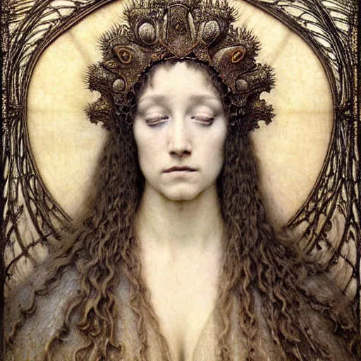Prompt: detailed realistic beautiful young medieval queen face portrait by jean delville, gustave dore, iris van herpen and marco mazzoni, art forms of nature by ernst haeckel, art nouveau, symbolist, visionary, gothic, pre - raphaelite, fractal lace, surrealityhorizontal symmetry