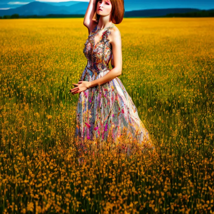 Image similar to portrait photo of a very beautiful!! woman on intricate dress in an endless heavenly meadow, 4 k, hdr, smooth, sharp focus, high resolution, award - winning photo