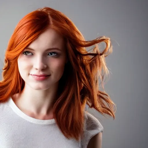 Image similar to a very beautiful young woman with auburn hair with a streak of white