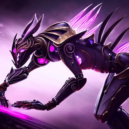 Image similar to highly detailed exquisite fanart, of a beautiful female warframe, but as an anthropomorphic robot dragon with glowing purple eyes, shiny silver armor with fuchsia accents, engraved, elegant pose, close-up shot, full shot, epic cinematic shot, sharp claws for hands, professional digital art, high end digital art, singular, realistic, DeviantArt, artstation, Furaffinity, 8k HD render