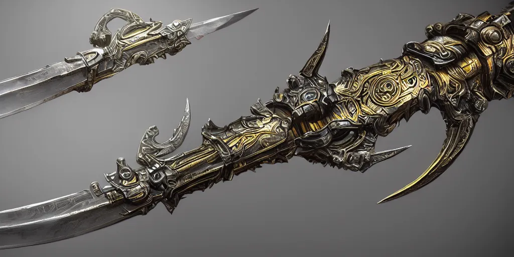 Image similar to legendary cybernetic full long sharp sword lying flat on a glowing table with a black and iridescent sword blade, digital award winning hd matte painting, intimate dark moody, intricate, ornate spikes, colorful gems on hilt, detailed realistic raytraced blade, future golden technological pommel, in the style of greg rutkowski and krenz cushart, deviantart