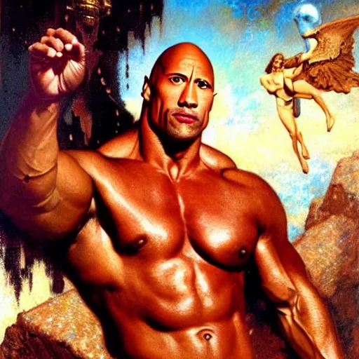 Image similar to muscular dwayne the rock johnson wears leather and drinks martinis at a celestial dance club and falls in love with the handsome god jupiter, painting by gaston bussiere, craig mullins, j. c. leyendecker, tom of finland