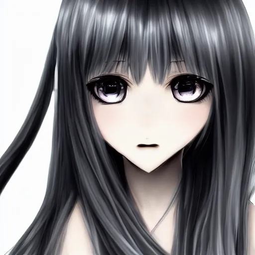 Image similar to anime, young girl with long wavy light silver hair with blackness int the eyes, hd,