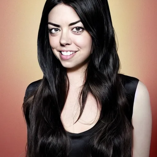 Prompt: a girl with long black hair and thick eyebrows, her face is a mix between aubrey plaza, lucy hale, sarah hyland, anne hathaway and christina ricci