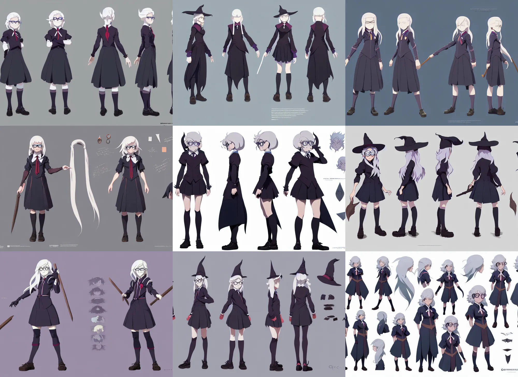 Prompt: character model sheet of female student witch by greg rutkowski, witch academia, magic school uniform, white hair color, library nerd glasses, by studio ghibli and ross tran, digital art, trending on artstation, highly detailed, concept art, beautiful, masterpiece