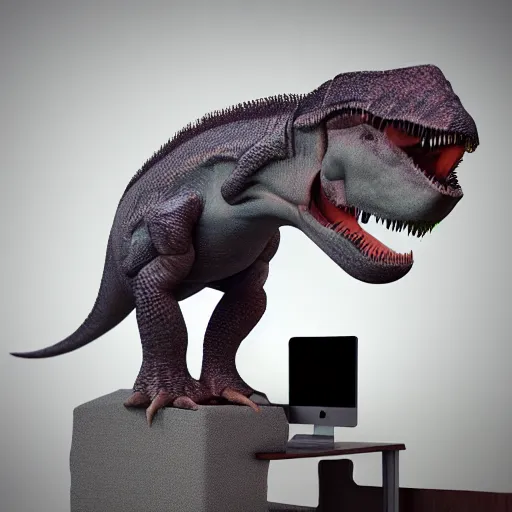 Image similar to anthropomorphic dinosaur sitting in front of computer, vray, 5 5 mm