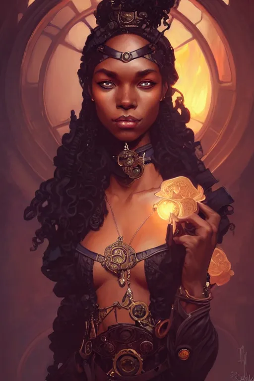 Portrait of black beautiful steampunk girl, D&D, face