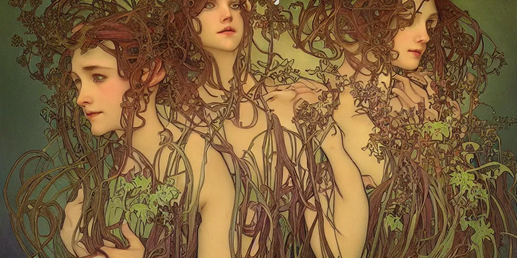 Prompt: creepy plant people, ominous, fungus tendrils by alphonse mucha, intense lighting, light beams, lens flare, intricate, elegant, highly detailed, digital painting, artstation, concept art, smooth, sharp focus, illustration, art by artgerm and serpentigena and alphonse mucha