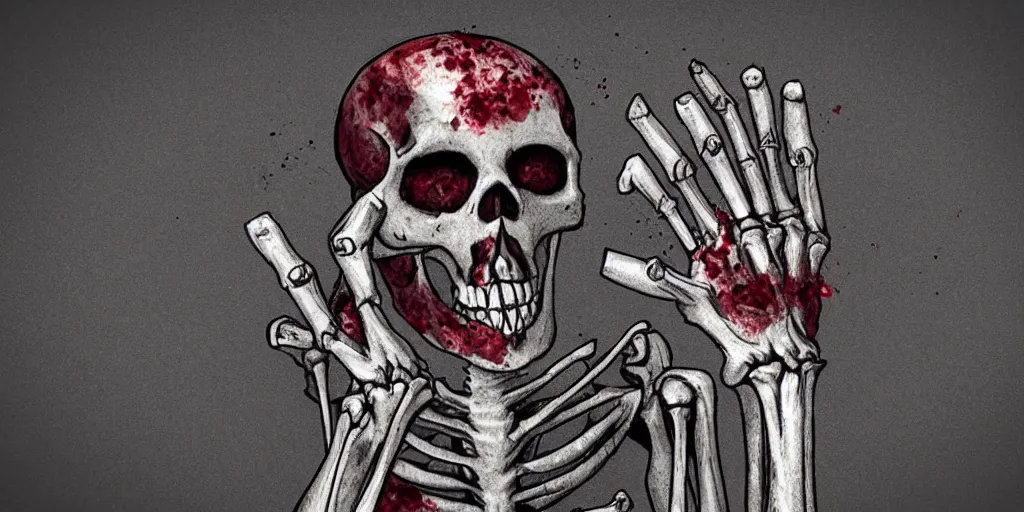 Prompt: A skeleton flipping the camera off, dark, bloody, prismatic, amazing, ultra detailed