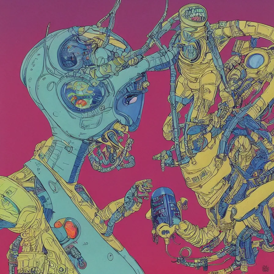 Image similar to ( an alien king and an astronaut talking face to face, overdetailed art, colorful, record jacket design ) by mœbius
