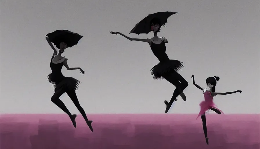 Image similar to a beautiful highly detailed matte painting of black devil ballerinas dancing on stage by atay ghailan, cliff chiang, loish and goro fujita, black, white and pink mystical tones, featured on artstation, featured on behance, grunge aesthetic, spooky