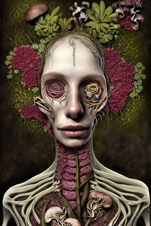 Image similar to sad and detailed rotten woman corpse with fractal plants and fractal flowers and mushrooms growing around, face muscles, veins, arteries, intricate, ornate, surreal, ray caesar, john constable, guy denning, dan hillier