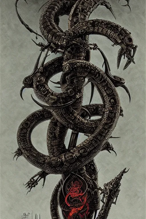 Image similar to masterpiece, infernal caduceus serpent staff, doom, elegant majestic, art by h. r. giger, greg rutkowski, josan gonzalez, alexey egorov, biomechanical, alchemy, monogram