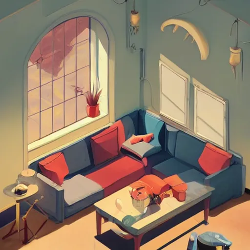 Prompt: an isometric interior design of a beautiful cosy living room by the beach in the style of artgerm, charlie bowater, atey ghailan and mike mignola, vibrant colors and hard shadows and strong rim light, plain background, comic cover art, trending on artstation