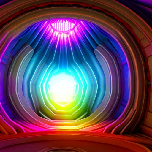 Prompt: colorful wormhole opening up inside a cathedral. fantasy. octane render.