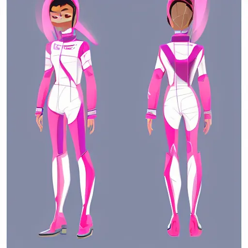 Image similar to y2k character model sheet for a short Japanese girl in a pink and white futuristic sleek motorcycle suit. into the spider-verse animated style