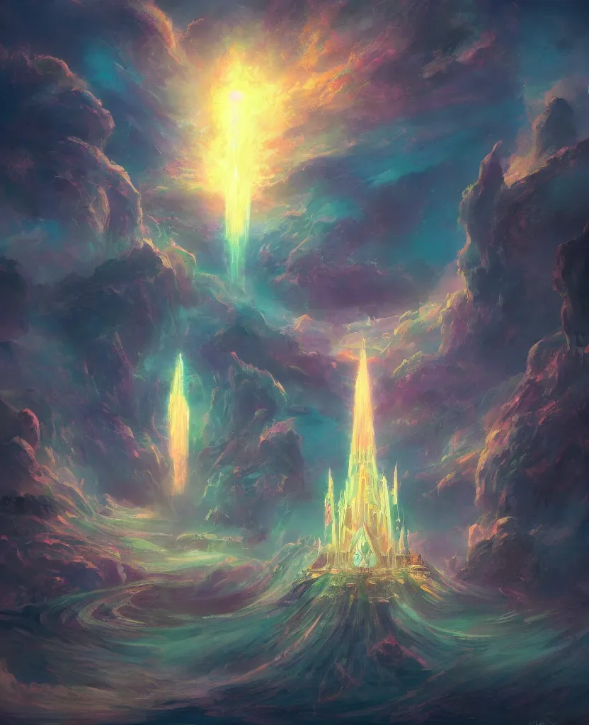 Image similar to “ a painting in the style of magic the gathering of an ancient tower, it is a glowing fortress and has iridescent mana radiating from it into the aether. it is centered. the background is the sky at night. retrofuturistic fantasy ”