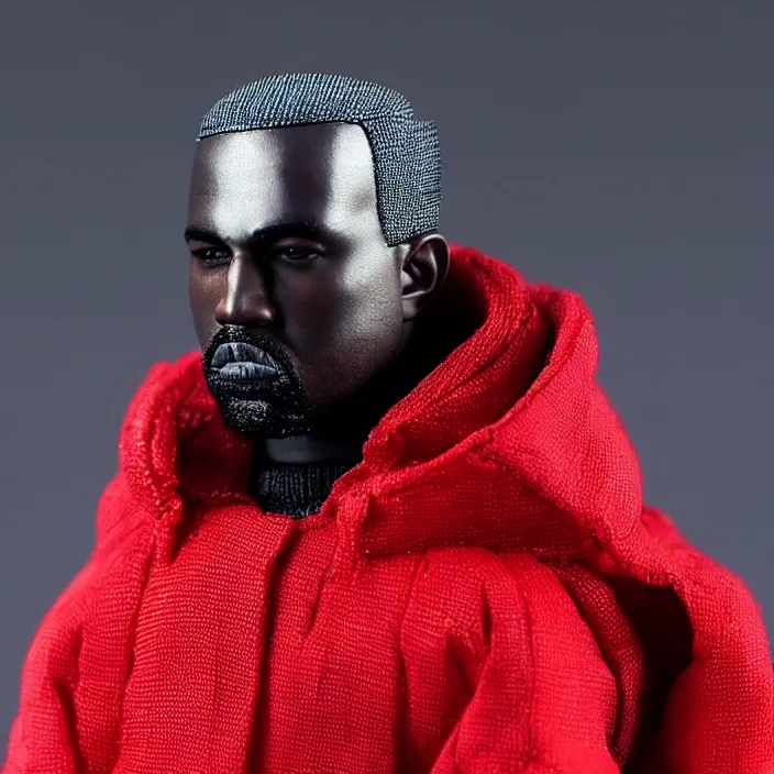 Prompt: a hot toys figure of kanye west using a full face covering black mask, a small, tight, undersized reflective bright blue round puffer jacket made of nylon, dark jeans pants and big black balenciaga rubber boots, figurine, detailed product photo