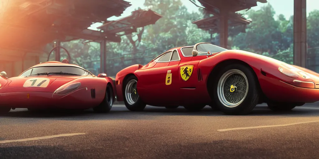 Image similar to a wholesome animation key shot of a focused old ferrari car in a car park, close shot, studio Ghibli, Pixar and Disney animation, sharp, very detailed, high resolution, Rendered in Unreal Engine 5, anime key art by Greg Rutkowski, Bloom, dramatic lighting