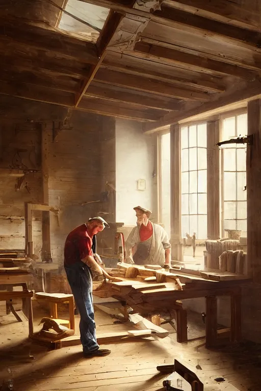 Image similar to simple craftsman fine woodworker building a wooden table in their well lit clean open workshop, thomas lawrence, greg rutkowski