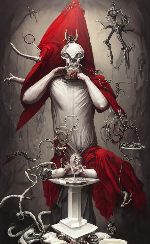 Prompt: a painting of a white robed magician behind a table, hands gesture as above so below, red mantle cup, sword, pentacle, wand, a surrealist painting by marco mazzoni, peter mohrbacher, nychos, cgsociety, neo - figurative, detailed painting, rococo, oil on canvas, seapunk, biomorphic, lovecraftian