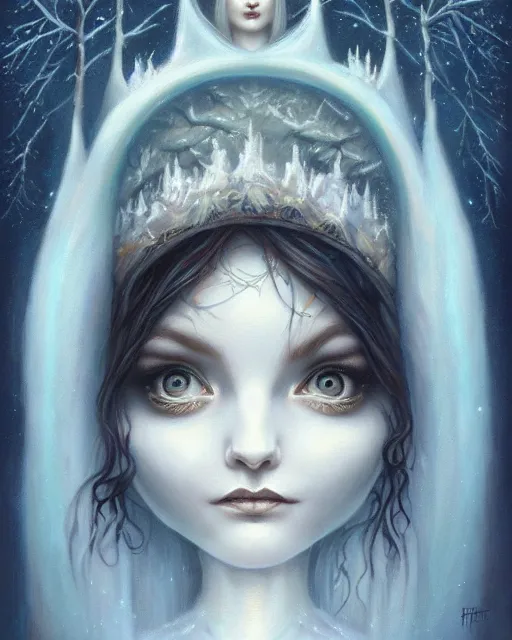 Prompt: frost priestess portrait, by mark ryden, dan hiller, peter mohrbacher, artstation