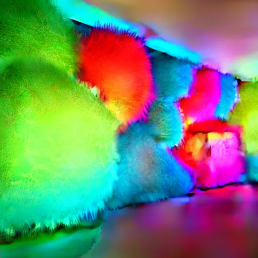 Image similar to : colorful abstract fuzzy sculpture on the wall in modern architecture studio, cinematic lighting, hyper - realistic, detailed, render by c 4 d octane, unreal engine, 8 k 3 d render