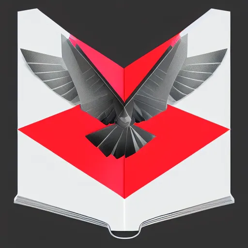 Image similar to geometric white eagle flying above an open black book, icon, red background, vector, simple logo, cgsociety, artstation, octane render