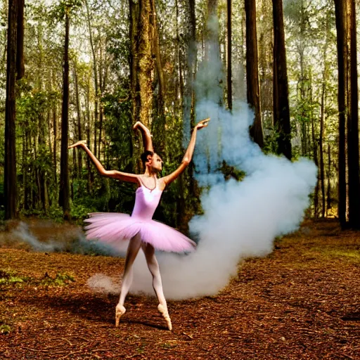 Image similar to ballet dancers are dancing in the woods with full of smoke. in motion blur. Sigma 24mm f/8, 1/2 sec shutter