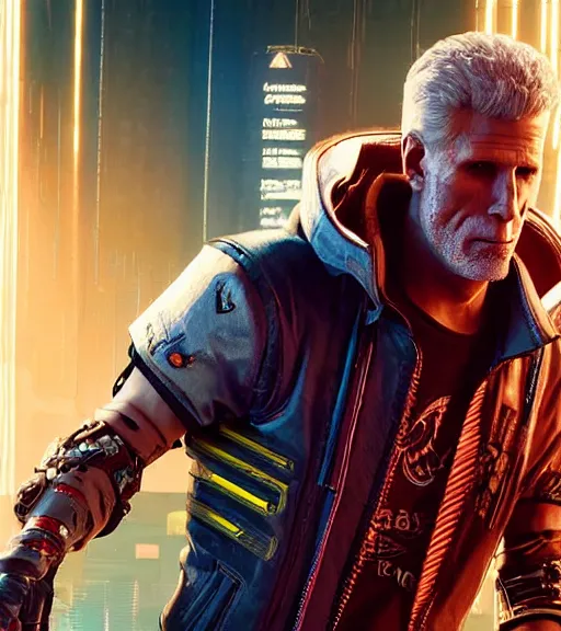 Image similar to cyberpunk 2 0 7 7, charismatic rugged male battle ted danson - mage portrait, clothed in hooded, metal - plated battle armor atmospheric lighting painted intricate volumetric lighting, beautiful, sharp focus, ultra detailed by leesha hannigan, ross tran, thierry doizon, kai carpenter, ignacio fernandez rios