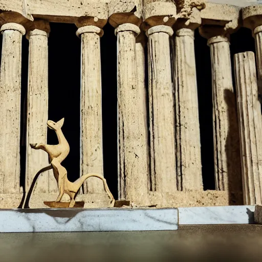 Image similar to a cinematic film still of a claymation stop motion film starring cute caracal, big wooden barrel, ancient greek city, marble temple columns, olive trees, shallow depth of field, 8 0 mm, f 1. 8